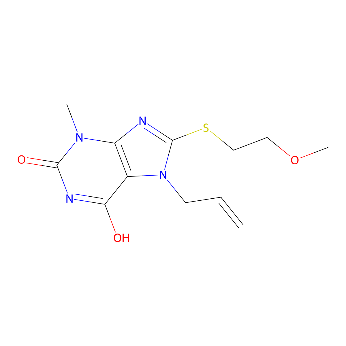 7-allyl-8-((2-methoxyethyl)thio)-3-methyl-1H-purine-2,6(3H,7H)-dione molecular structure, CAS 442864-90-6