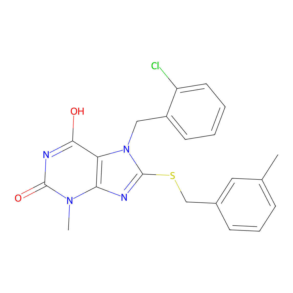 7-(2-chlorobenzyl)-3-methyl-8-((3-methylbenzyl)thio)-1H-purine-2,6(3H,7H)-dione molecular structure, CAS 442864-91-7