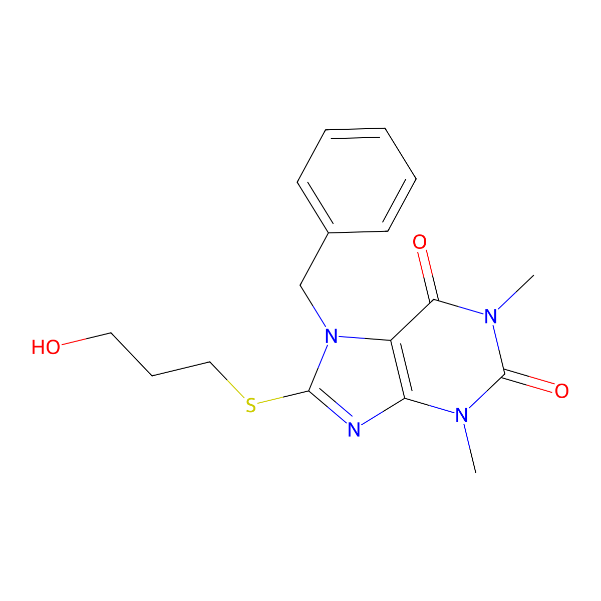 7-benzyl-8-((3-hydroxypropyl)thio)-1,3-dimethyl-1H-purine-2,6(3H,7H)-dione molecular structure, CAS 442864-92-8