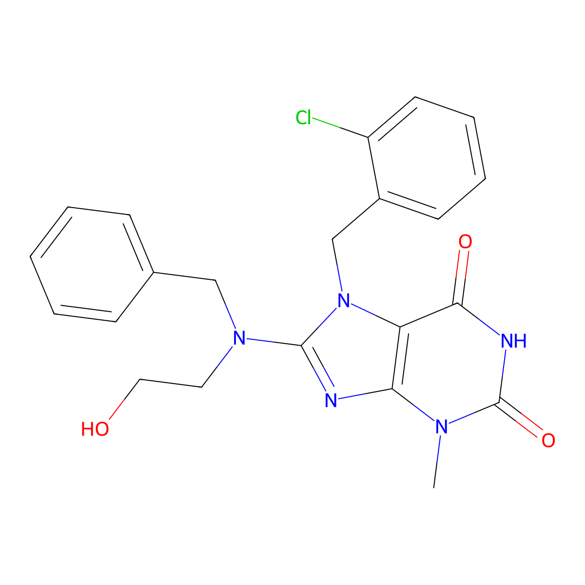 8-(benzyl(2-hydroxyethyl)amino)-7-(2-chlorobenzyl)-3-methyl-1H-purine-2,6(3H,7H)-dione molecular structure, CAS 442864-93-9