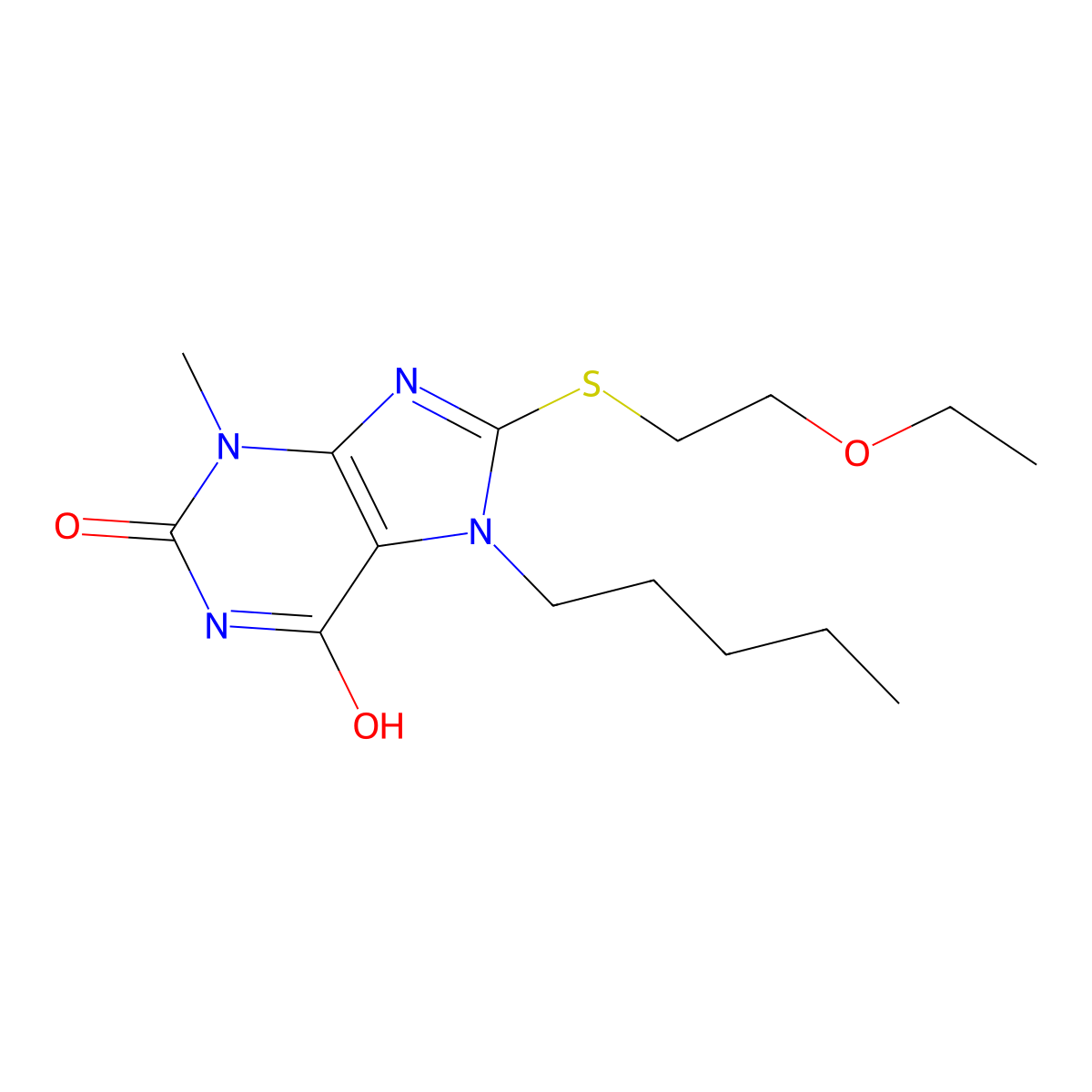 8-((2-ethoxyethyl)thio)-3-methyl-7-pentyl-1H-purine-2,6(3H,7H)-dione molecular structure, CAS 442864-94-0