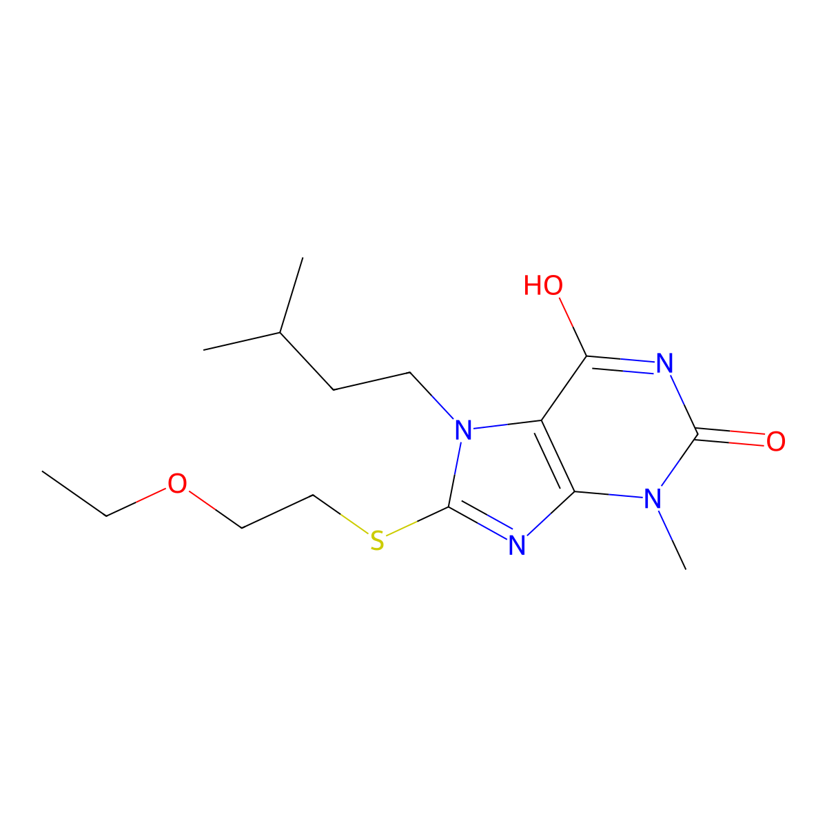 8-((2-ethoxyethyl)thio)-7-isopentyl-3-methyl-1H-purine-2,6(3H,7H)-dione molecular structure, CAS 442864-95-1