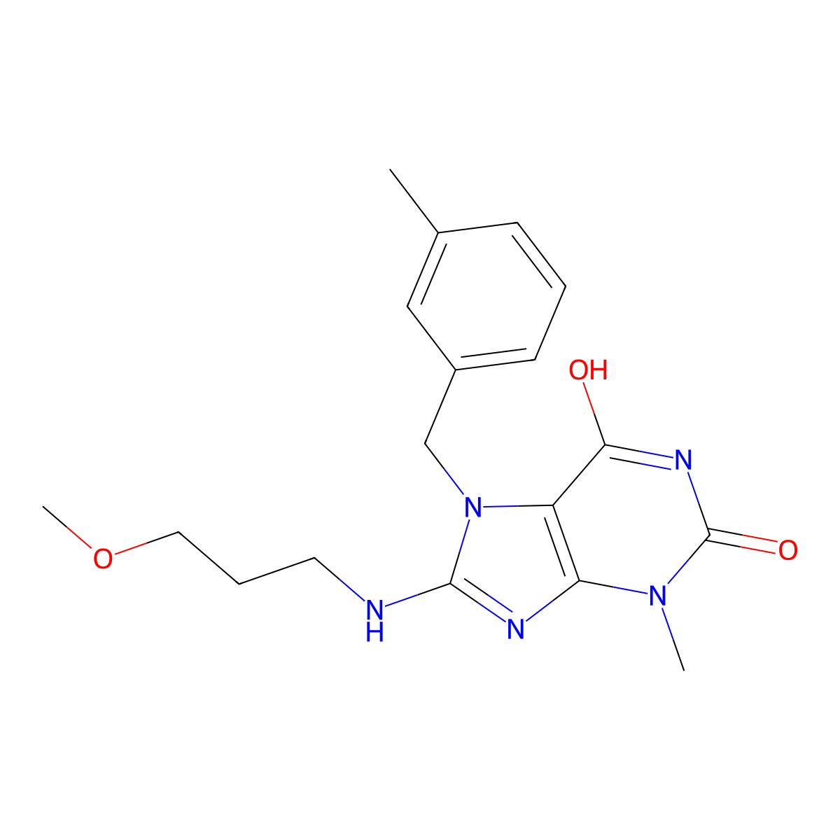 8-((3-methoxypropyl)amino)-3-methyl-7-(3-methylbenzyl)-1H-purine-2,6(3H,7H)-dione molecular structure, CAS 442864-99-5