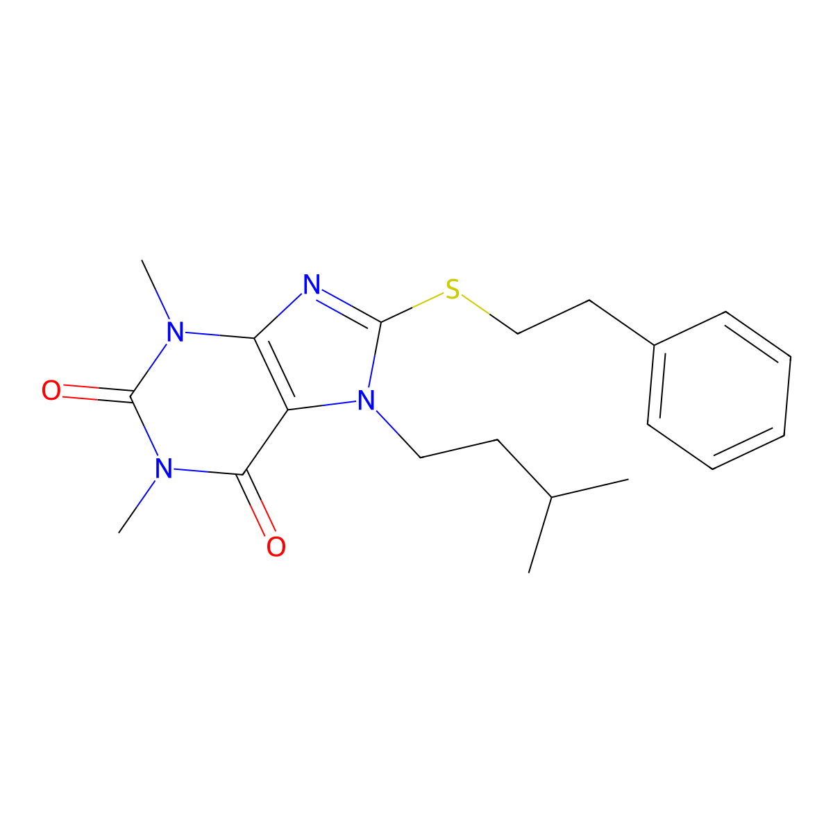 7-isopentyl-1,3-dimethyl-8-(phenethylthio)-1H-purine-2,6(3H,7H)-dione molecular structure, CAS 442865-00-1