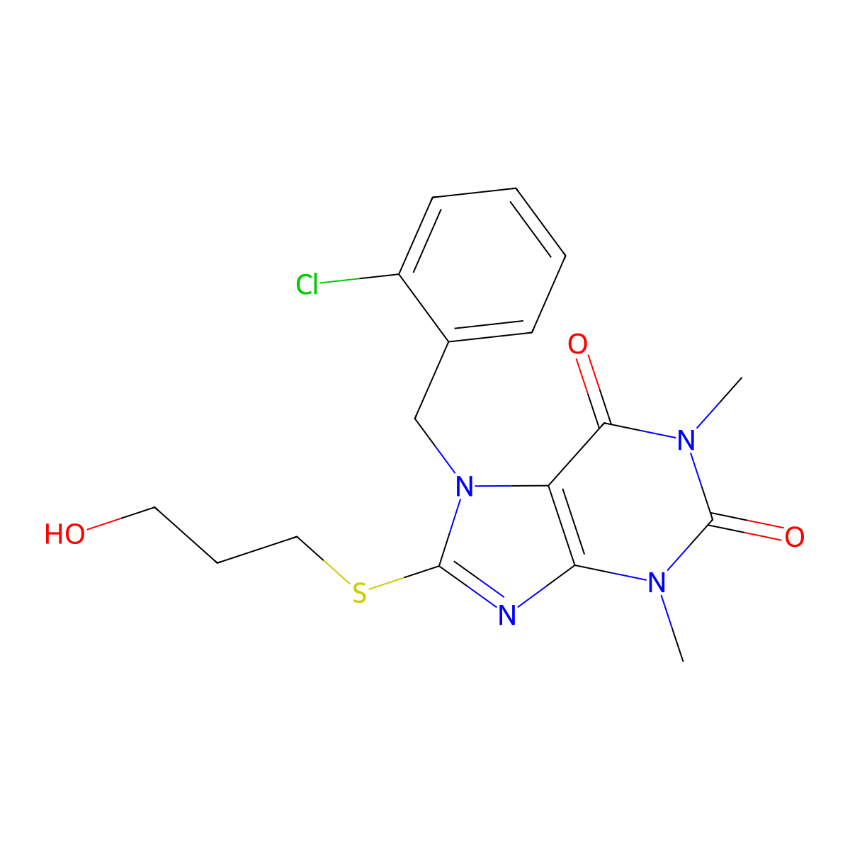 7-(2-chlorobenzyl)-8-((3-hydroxypropyl)thio)-1,3-dimethyl-1H-purine-2,6(3H,7H)-dione molecular structure, CAS 442865-01-2