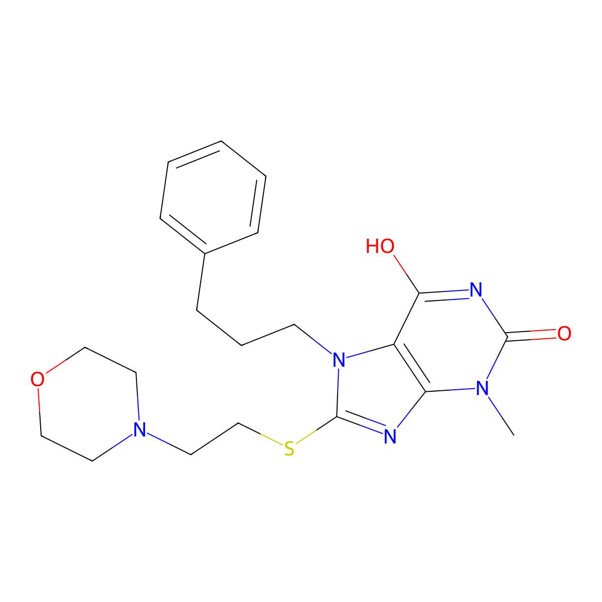 3-methyl-8-((2-morpholinoethyl)thio)-7-(3-phenylpropyl)-1H-purine-2,6(3H,7H)-dione molecular structure, CAS 442865-02-3