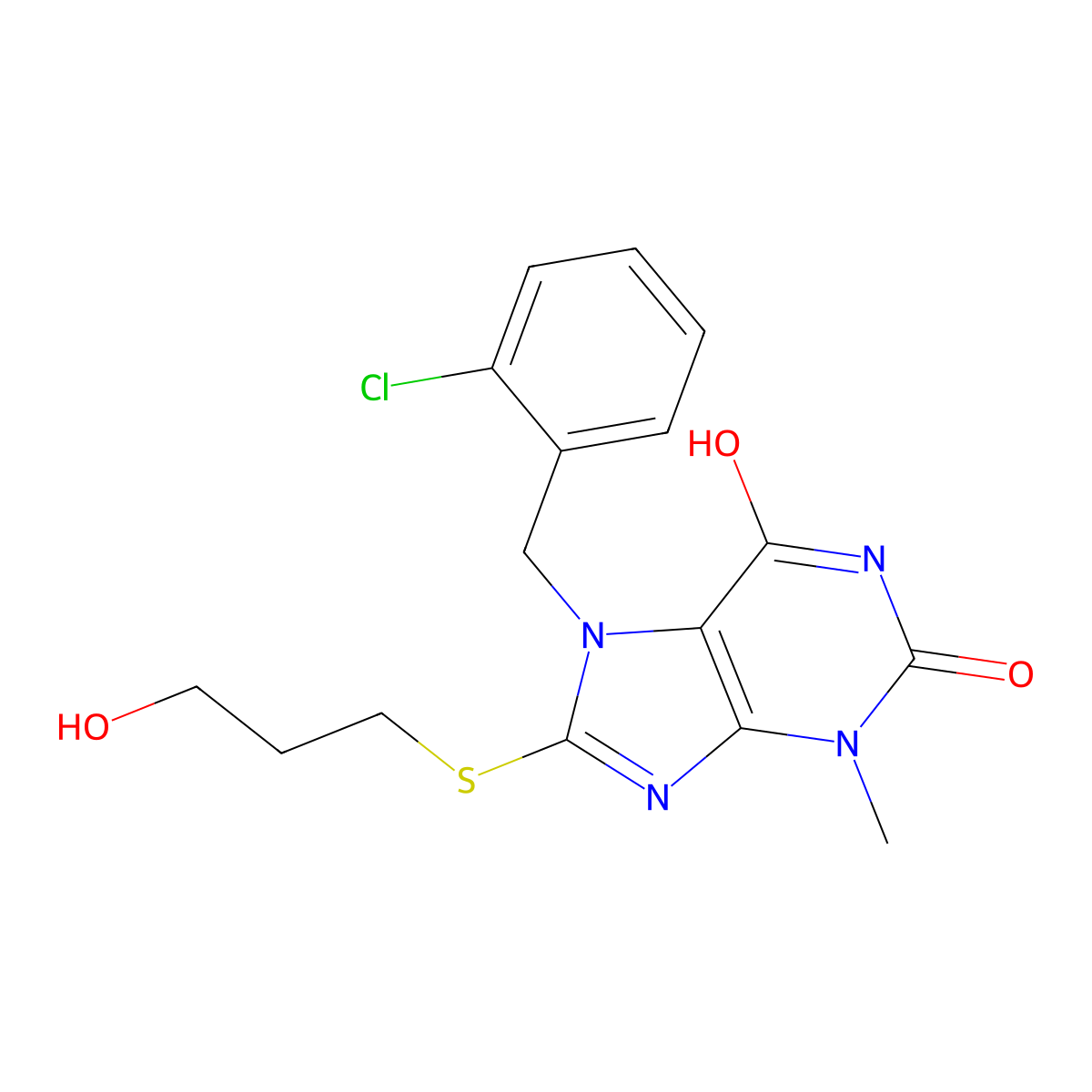 7-(2-chlorobenzyl)-8-((3-hydroxypropyl)thio)-3-methyl-1H-purine-2,6(3H,7H)-dione molecular structure, CAS 442865-03-4