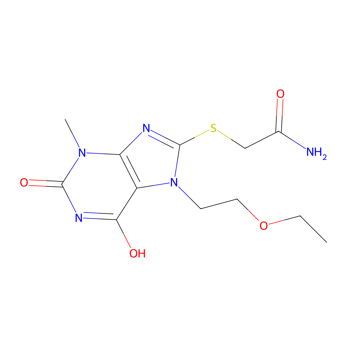 2-((7-(2-ethoxyethyl)-3-methyl-2,6-dioxo-2,3,6,7-tetrahydro-1H-purin-8-yl)thio)acetamide molecular structure, CAS 442865-04-5