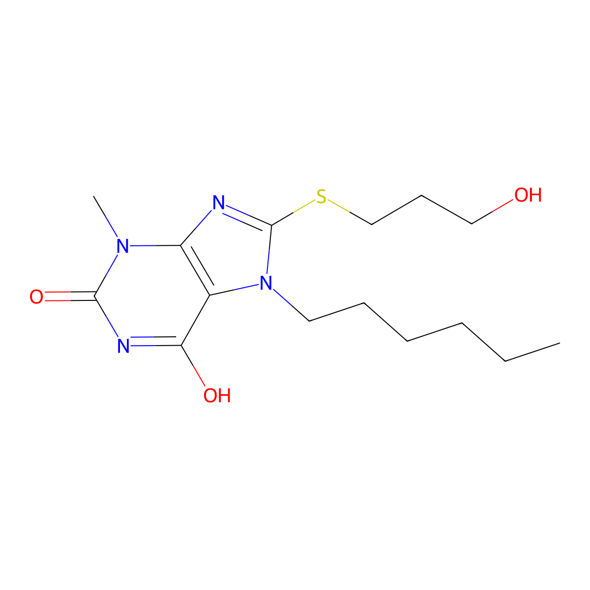 7-hexyl-8-((3-hydroxypropyl)thio)-3-methyl-1H-purine-2,6(3H,7H)-dione molecular structure, CAS 442865-05-6