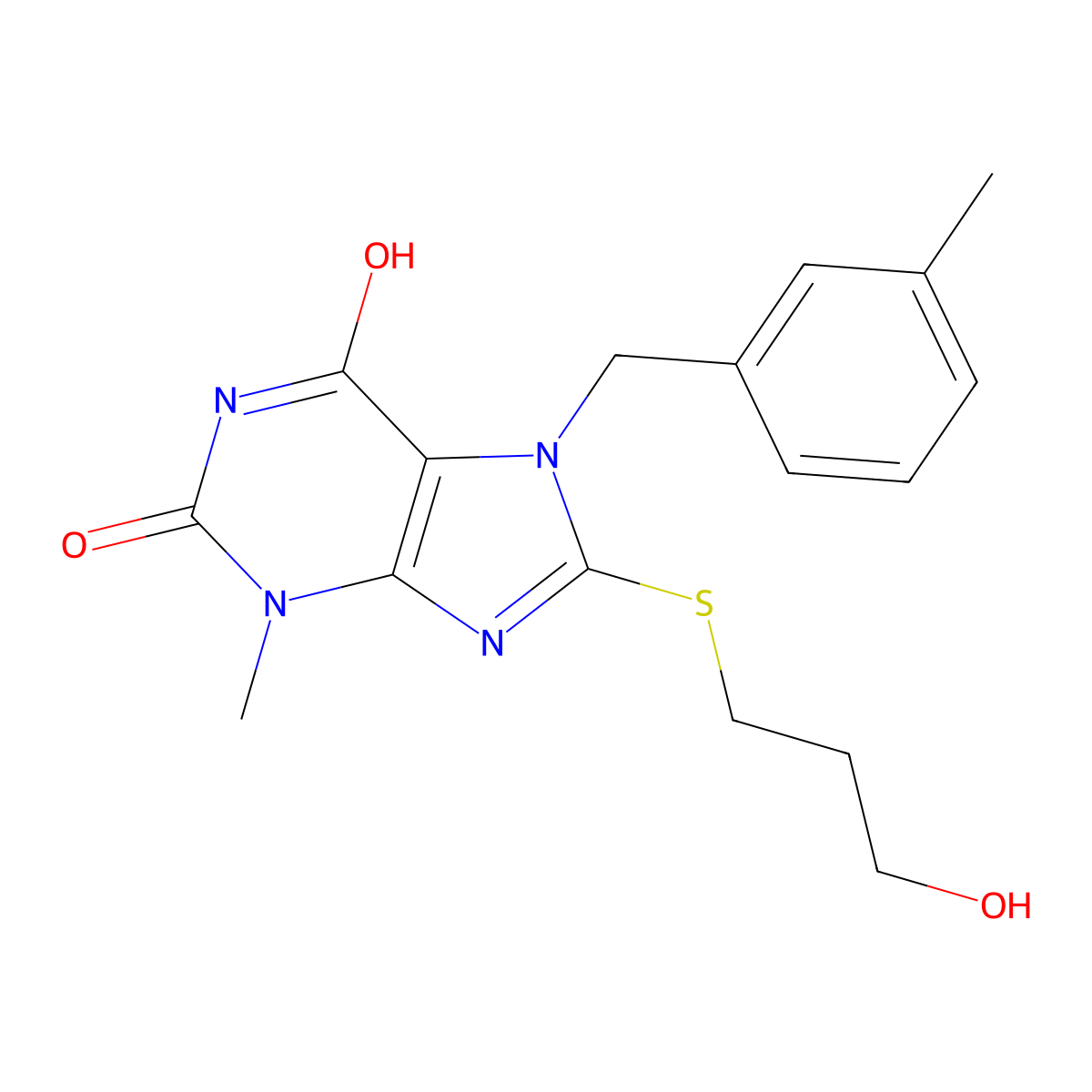 8-((3-hydroxypropyl)thio)-3-methyl-7-(3-methylbenzyl)-1H-purine-2,6(3H,7H)-dione molecular structure, CAS 442865-06-7