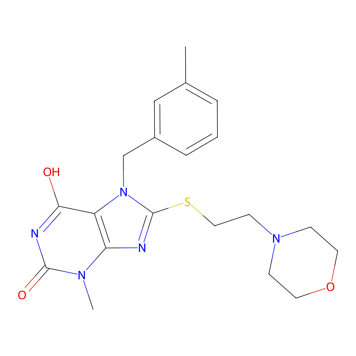 3-methyl-7-(3-methylbenzyl)-8-((2-morpholinoethyl)thio)-1H-purine-2,6(3H,7H)-dione molecular structure, CAS 442865-07-8
