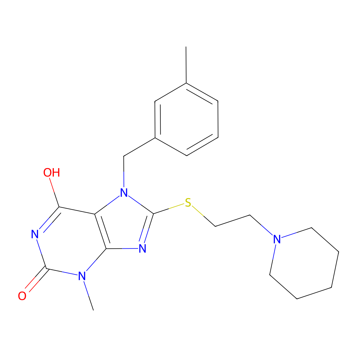 3-methyl-7-(3-methylbenzyl)-8-((2-(piperidin-1-yl)ethyl)thio)-1H-purine-2,6(3H,7H)-dione molecular structure, CAS 442865-08-9