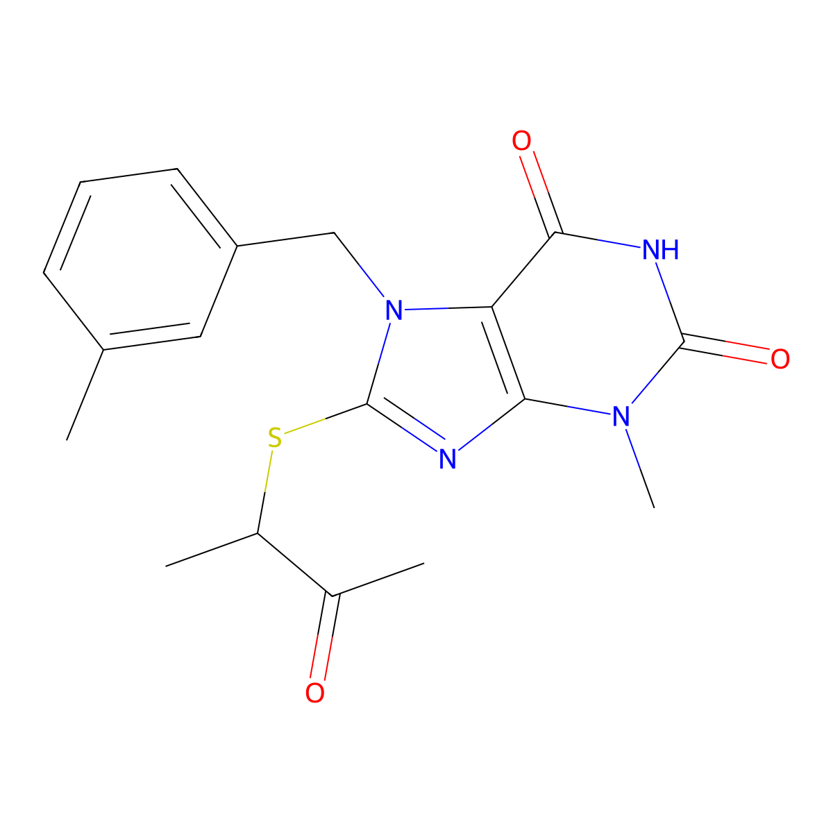 3-methyl-7-(3-methylbenzyl)-8-((3-oxobutan-2-yl)thio)-1H-purine-2,6(3H,7H)-dione molecular structure, CAS 442865-09-0