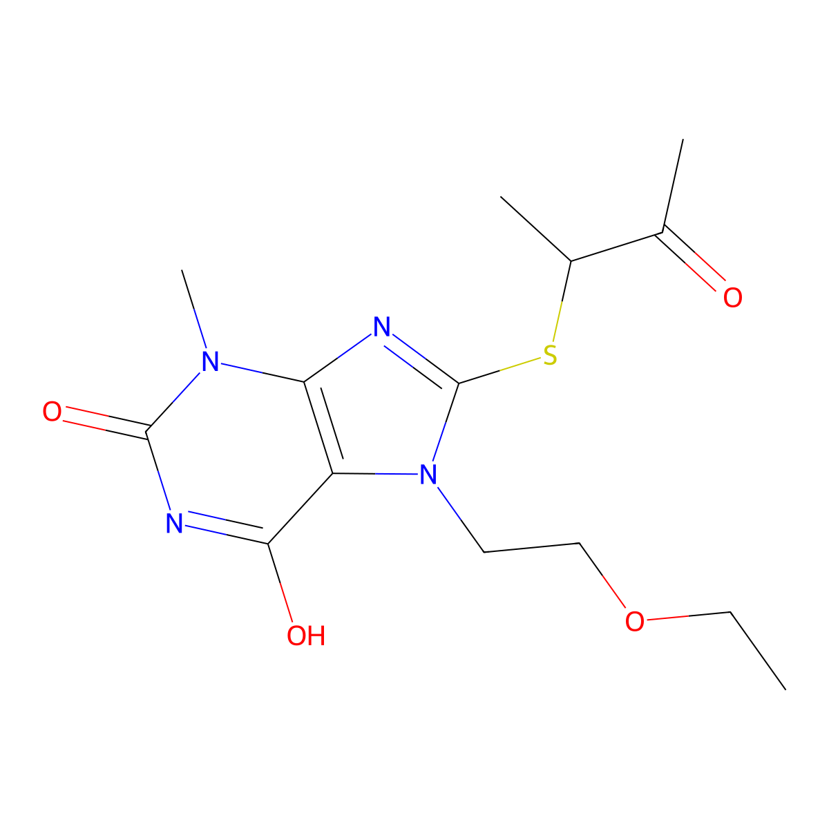 7-(2-ethoxyethyl)-3-methyl-8-((3-oxobutan-2-yl)thio)-1H-purine-2,6(3H,7H)-dione molecular structure, CAS 442865-10-3