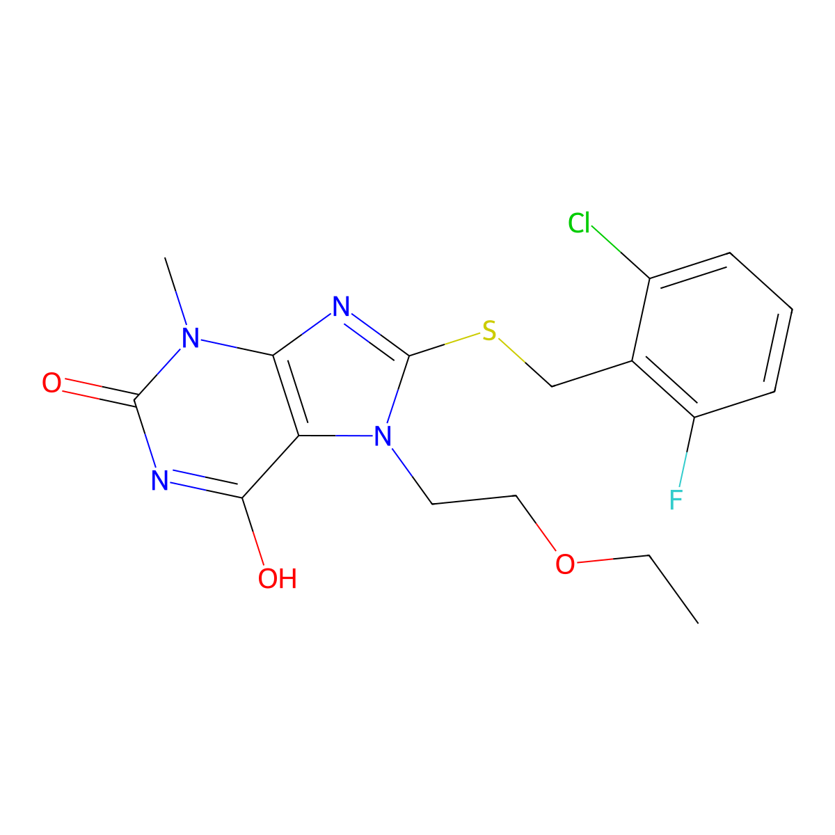 8-((2-chloro-6-fluorobenzyl)thio)-7-(2-ethoxyethyl)-3-methyl-1H-purine-2,6(3H,7H)-dione molecular structure, CAS 442865-11-4