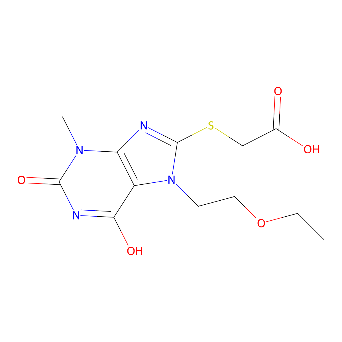 2-((7-(2-ethoxyethyl)-3-methyl-2,6-dioxo-2,3,6,7-tetrahydro-1H-purin-8-yl)thio)acetic acid molecular structure, CAS 442865-12-5