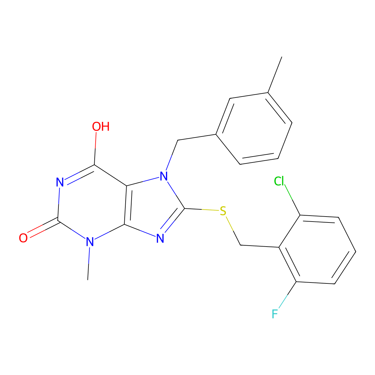 8-((2-chloro-6-fluorobenzyl)thio)-3-methyl-7-(3-methylbenzyl)-1H-purine-2,6(3H,7H)-dione molecular structure, CAS 442865-13-6
