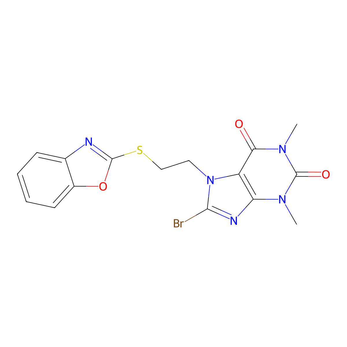 7-(2-(benzo[d]oxazol-2-ylthio)ethyl)-8-bromo-1,3-dimethyl-1H-purine-2,6(3H,7H)-dione molecular structure, CAS 442865-14-7