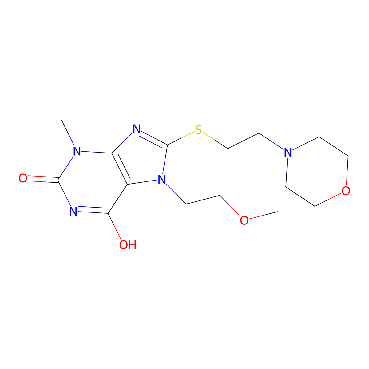7-(2-methoxyethyl)-3-methyl-8-((2-morpholinoethyl)thio)-1H-purine-2,6(3H,7H)-dione molecular structure, CAS 442865-16-9