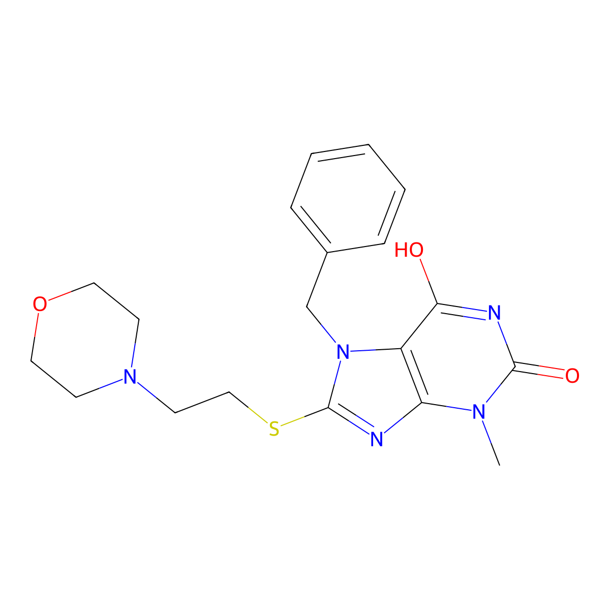 7-benzyl-3-methyl-8-((2-morpholinoethyl)thio)-1H-purine-2,6(3H,7H)-dione molecular structure, CAS 442865-17-0
