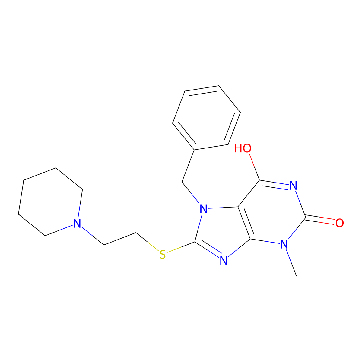 7-benzyl-3-methyl-8-((2-(piperidin-1-yl)ethyl)thio)-1H-purine-2,6(3H,7H)-dione molecular structure, CAS 442865-18-1