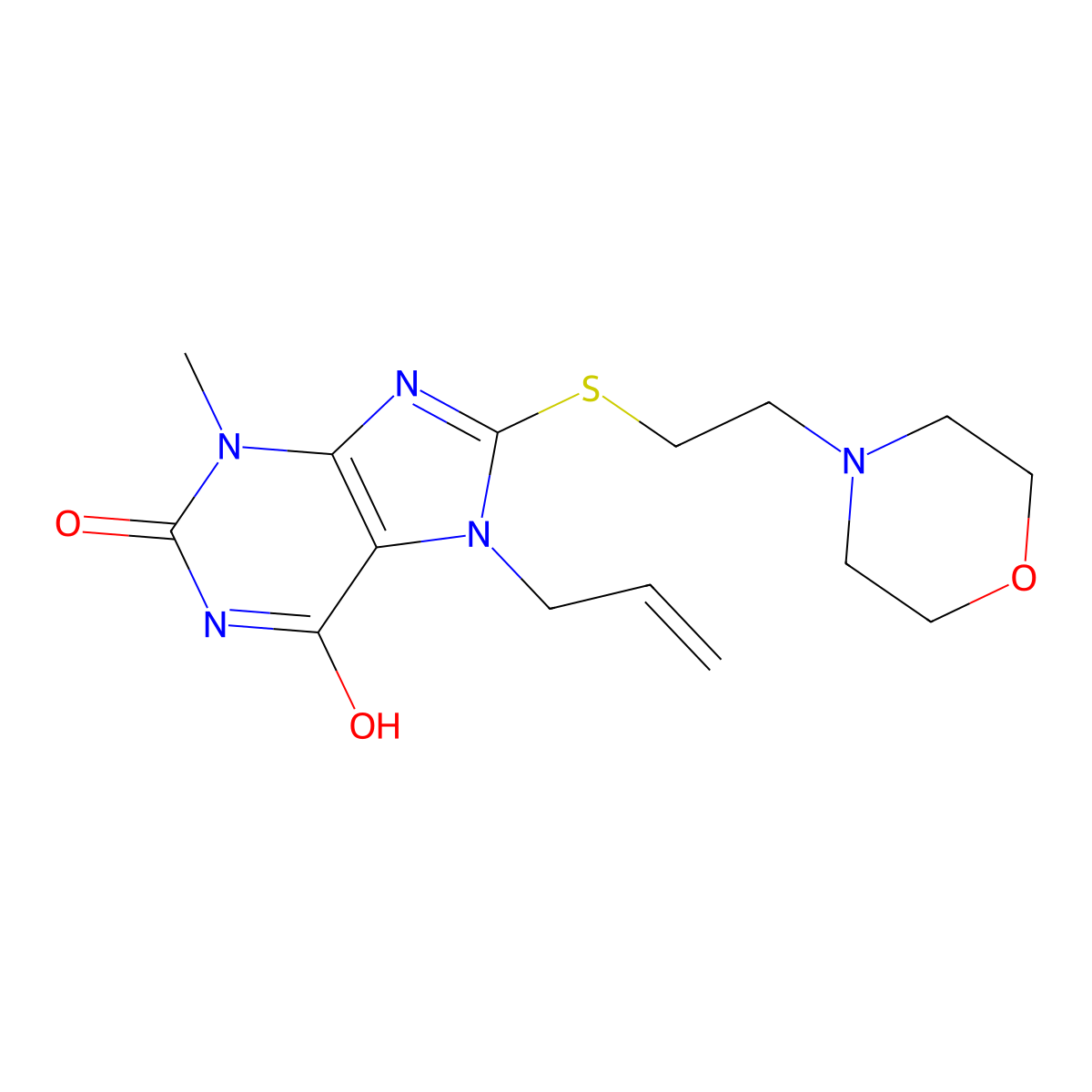 7-allyl-3-methyl-8-((2-morpholinoethyl)thio)-1H-purine-2,6(3H,7H)-dione molecular structure, CAS 442865-19-2