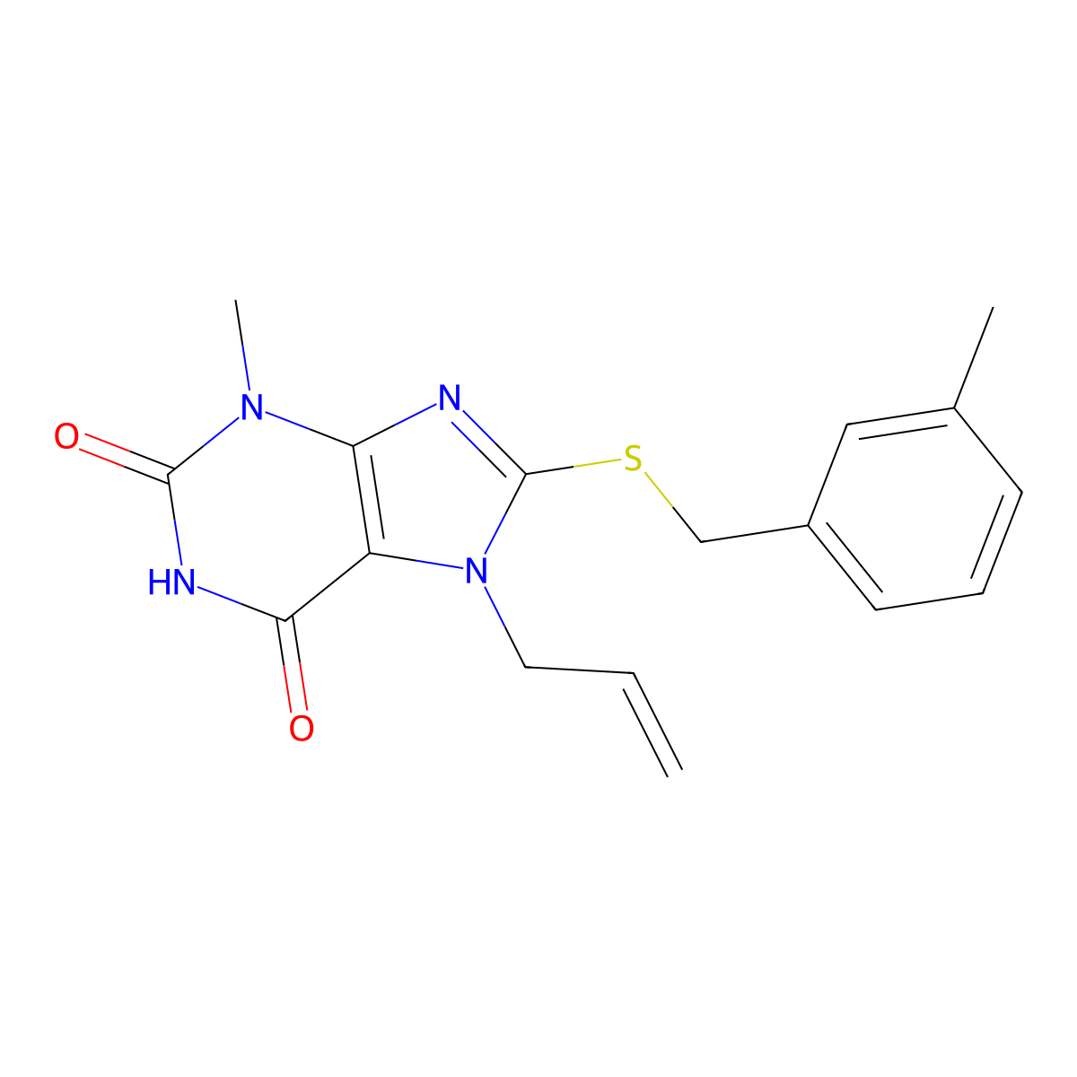 7-allyl-3-methyl-8-((3-methylbenzyl)thio)-1H-purine-2,6(3H,7H)-dione molecular structure, CAS 442865-21-6