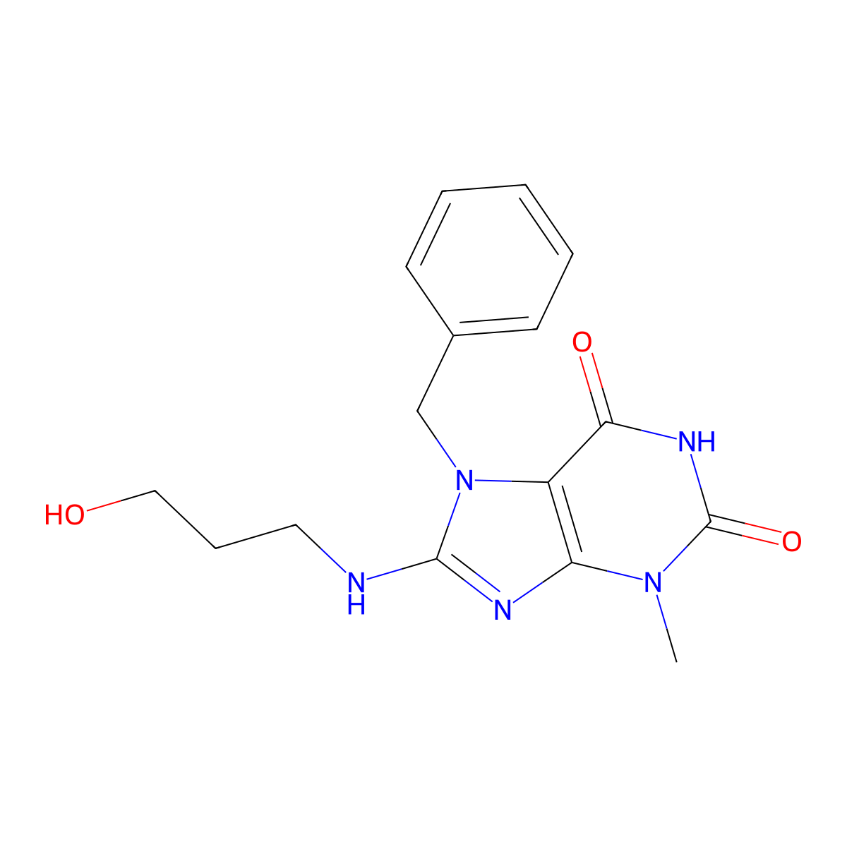 7-Benzyl-8-(3-hydroxypropylamino)-3-methylpurine-2,6-dione molecular structure, CAS 442865-22-7