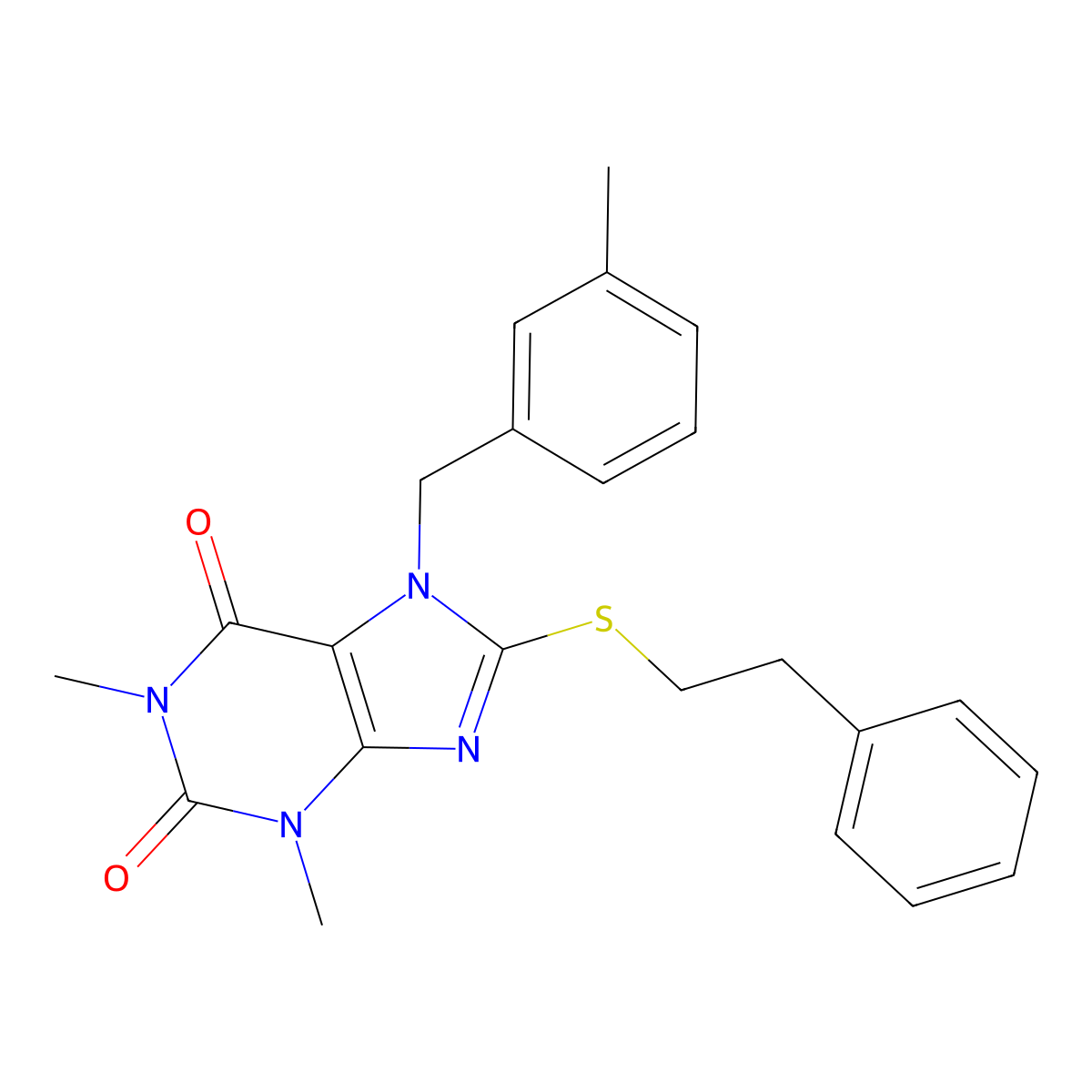1,3-dimethyl-7-(3-methylbenzyl)-8-(phenethylthio)-1H-purine-2,6(3H,7H)-dione molecular structure, CAS 442865-23-8