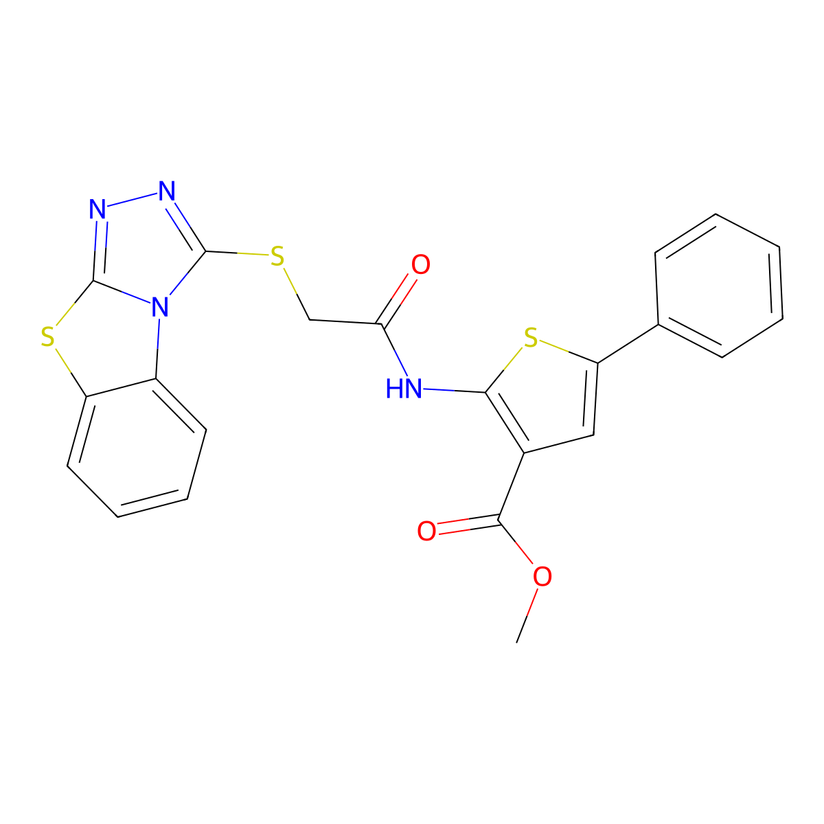 Methyl 5-phenyl-2-(2-{7-thia-2,4,5-triazatricyclo[6.4.0.0^{2,6}]dodeca-1(8),3,5,9,11-pentaen-3-ylsulfanyl}acetamido)thiophene-3-carboxylate molecular structure, CAS 442865-30-7