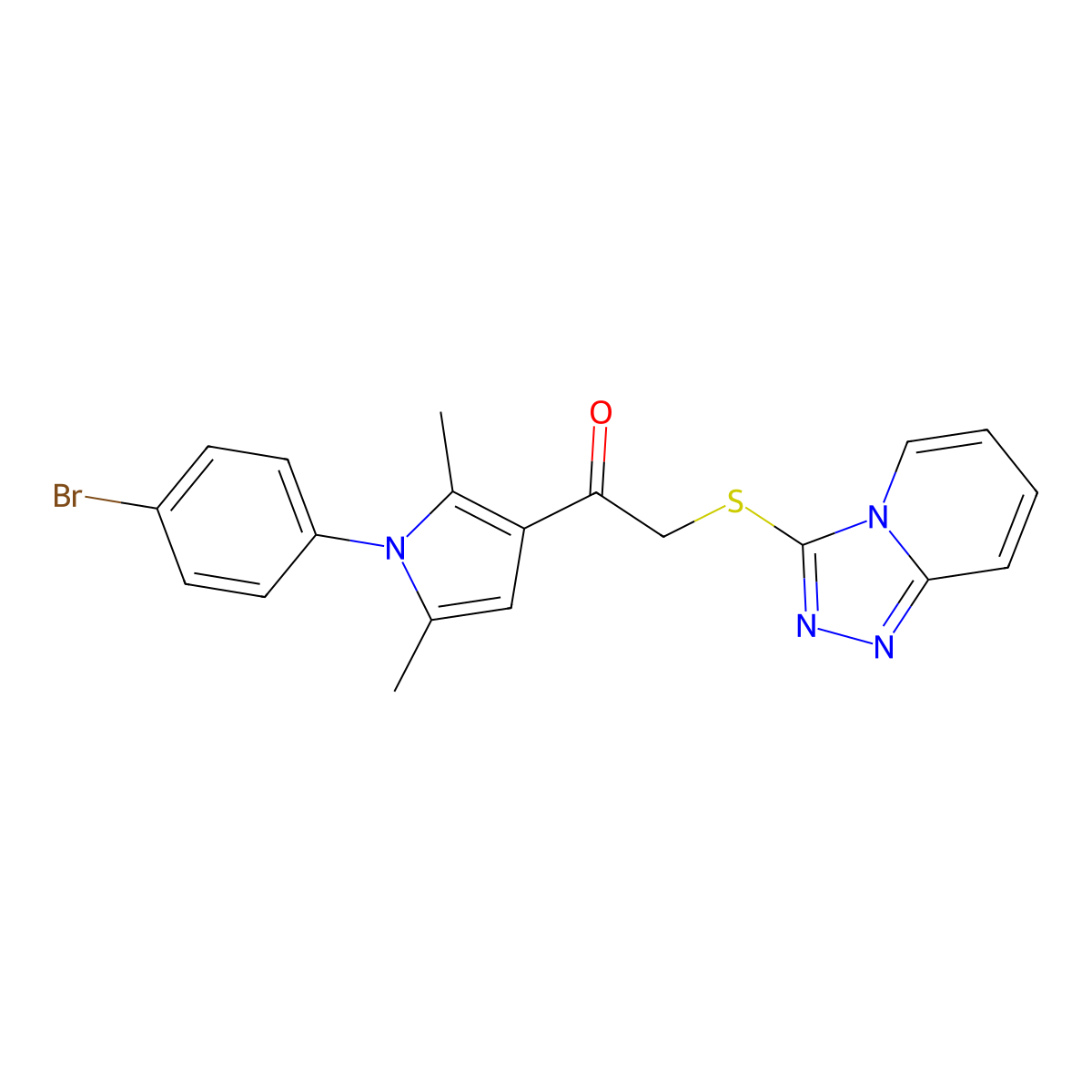 2-([1,2,4]triazolo[4,3-a]pyridin-3-ylthio)-1-(1-(4-bromophenyl)-2,5-dimethyl-1H-pyrrol-3-yl)ethanone molecular structure, CAS 442865-31-8