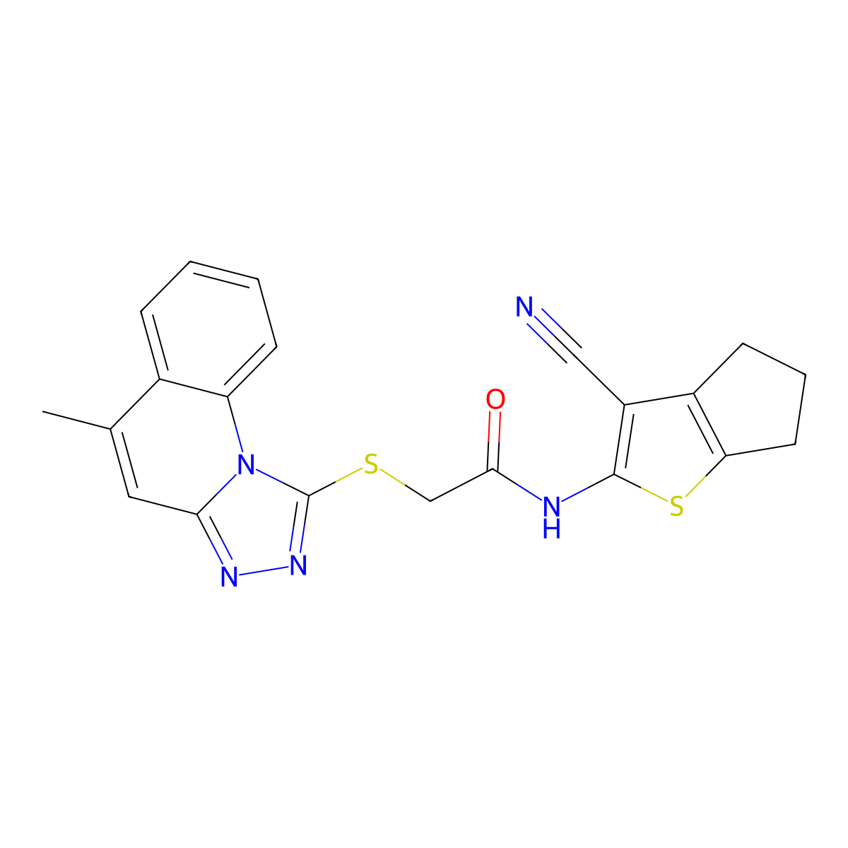 N-(3-cyano-5,6-dihydro-4H-cyclopenta[b]thiophen-2-yl)-2-((5-methyl-[1,2,4]triazolo[4,3-a]quinolin-1-yl)thio)acetamide molecular structure, CAS 442865-33-0