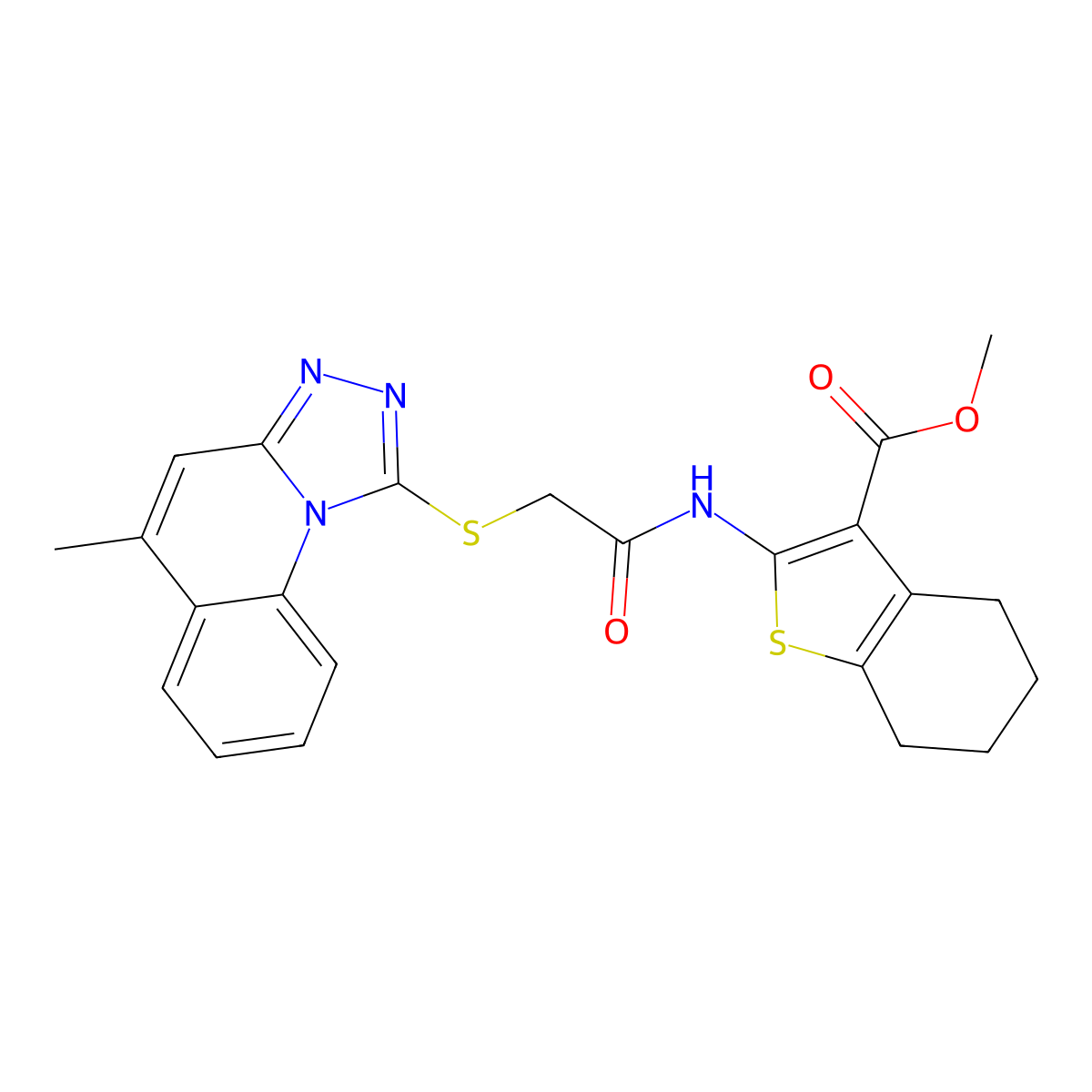 Methyl 2-[[2-[(5-methyl-[1,2,4]triazolo[4,3-a]quinolin-1-yl)sulfanyl]acetyl]amino]-4,5,6,7-tetrahydro-1-benzothiophene-3-carboxylate molecular structure, CAS 442865-35-2