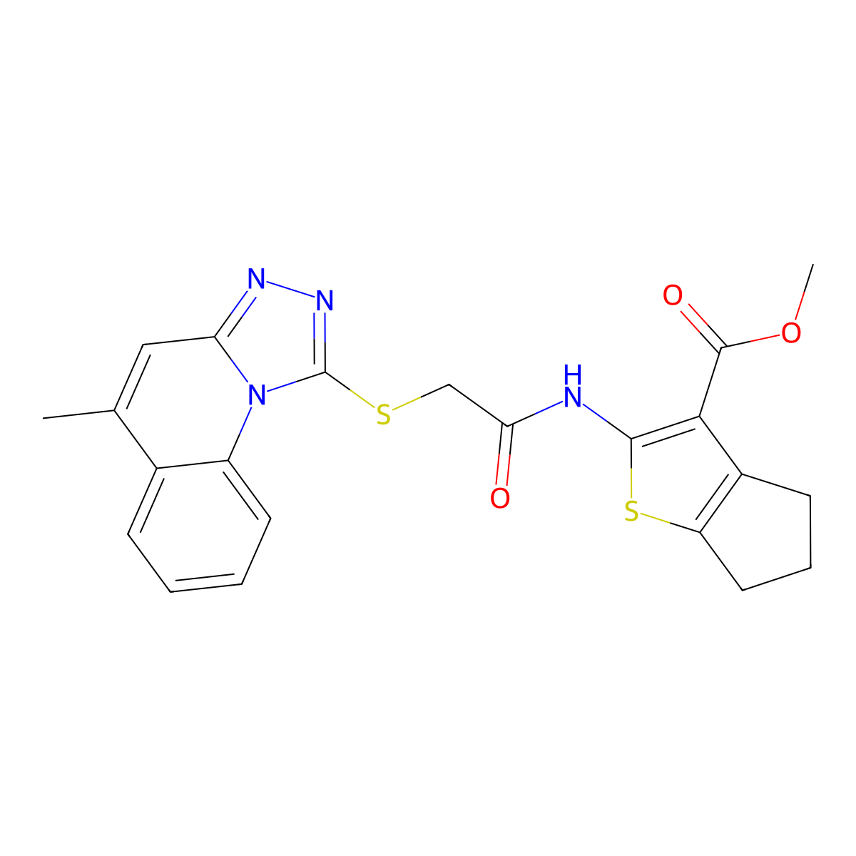 methyl 2-[2-({5-methyl-[1,2,4]triazolo[4,3-a]quinolin-1-yl}sulfanyl)acetamido]-4H,5H,6H-cyclopenta[b]thiophene-3-carboxylate molecular structure, CAS 442865-38-5