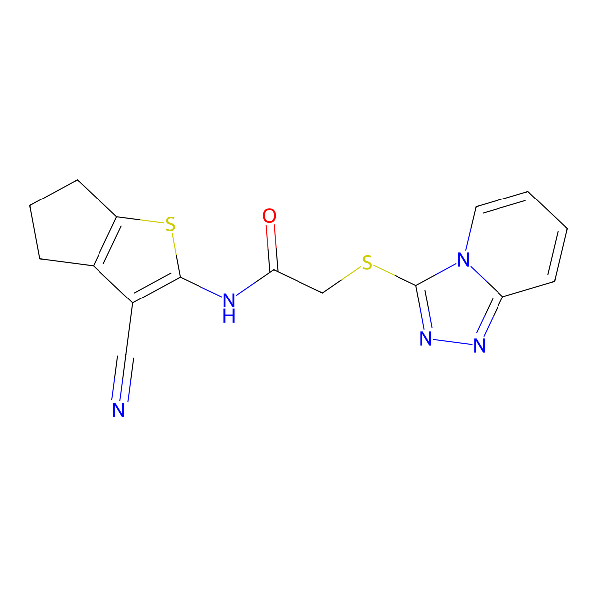 2-([1,2,4]triazolo[4,3-a]pyridin-3-ylthio)-N-(3-cyano-5,6-dihydro-4H-cyclopenta[b]thiophen-2-yl)acetamide molecular structure, CAS 442865-58-9