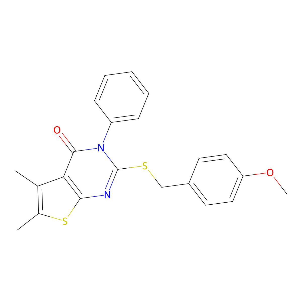 2-[(4-Methoxyphenyl)methylsulfanyl]-5,6-dimethyl-3-phenylthieno[2,3-d]pyrimidin-4-one molecular structure, CAS 442869-66-1