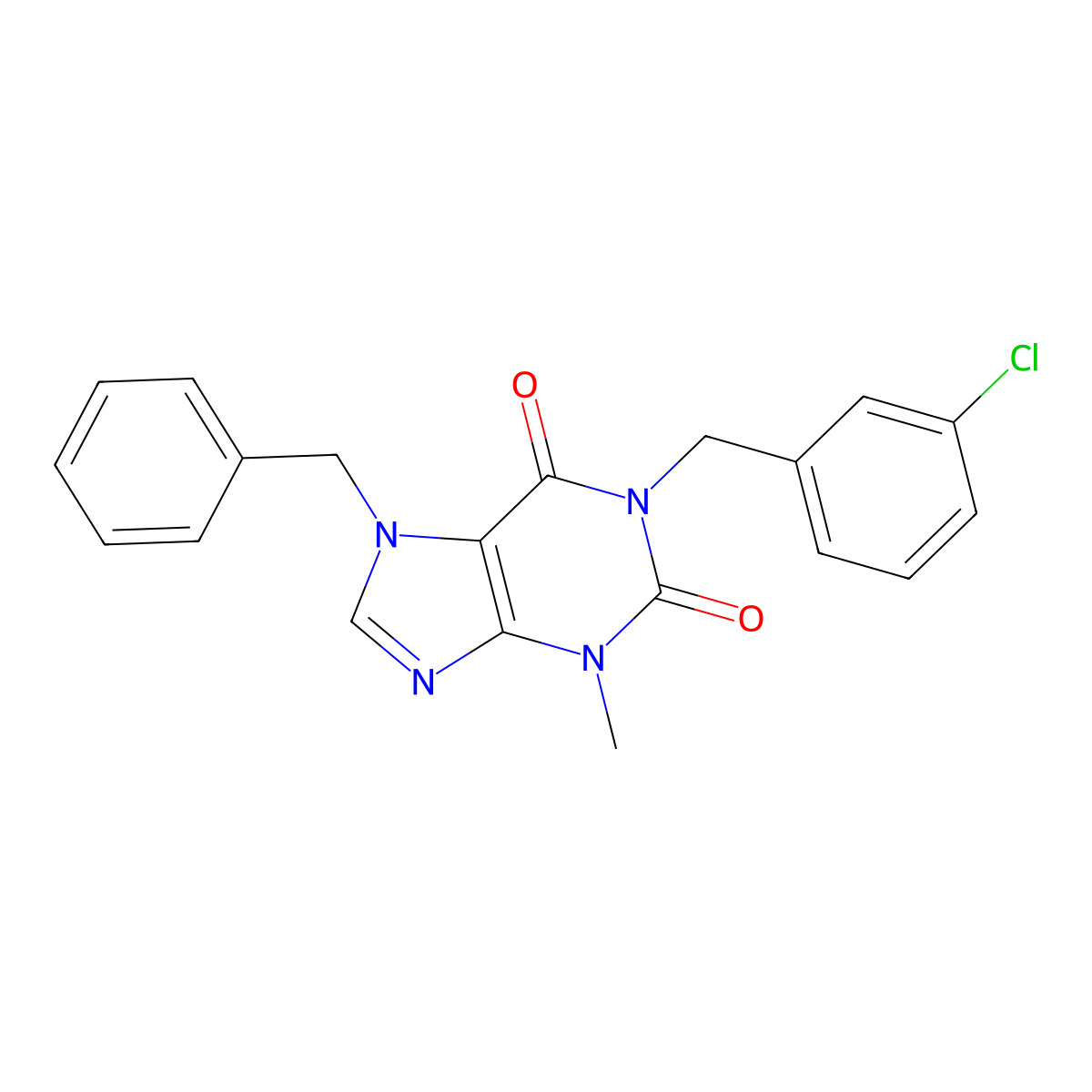 7-Benzyl-1-(3-chlorobenzyl)-3-methyl-3,7-dihydro-1H-purine-2,6-dione molecular structure, CAS 442871-24-1