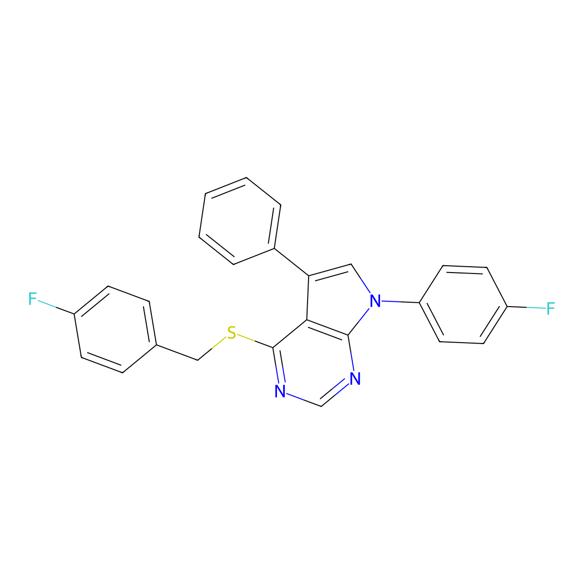 4-((4-fluorobenzyl)thio)-7-(4-fluorophenyl)-5-phenyl-7H-pyrrolo[2,3-d]pyrimidine molecular structure, CAS 442878-52-6