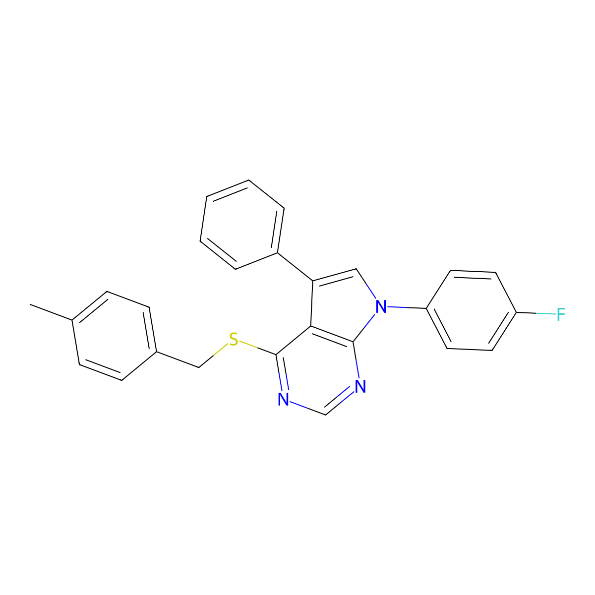 7-(4-fluorophenyl)-4-((4-methylbenzyl)thio)-5-phenyl-7H-pyrrolo[2,3-d]pyrimidine molecular structure, CAS 442878-53-7