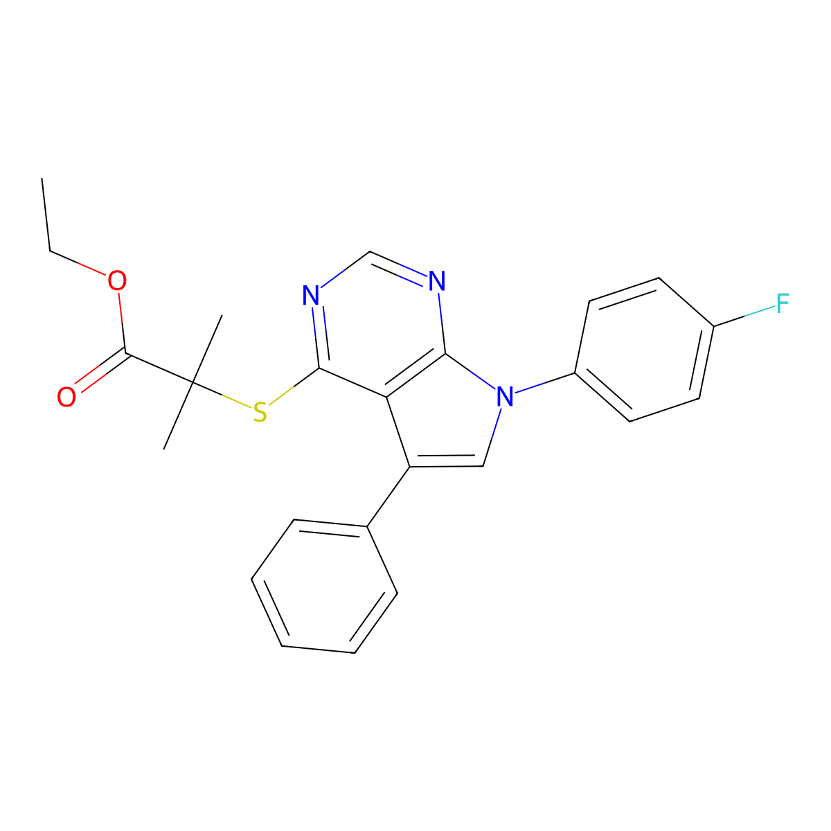 ethyl 2-((7-(4-fluorophenyl)-5-phenyl-7H-pyrrolo[2,3-d]pyrimidin-4-yl)thio)-2-methylpropanoate molecular structure, CAS 442878-61-7