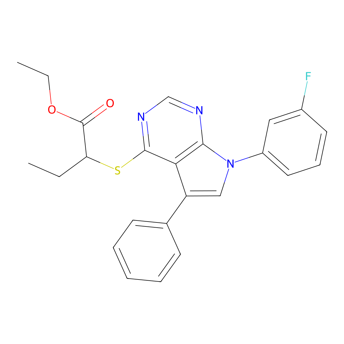 Ethyl 2-[7-(3-fluorophenyl)-5-phenylpyrrolo[3,2-e]pyrimidin-4-ylthio]butanoate molecular structure, CAS 442878-86-6