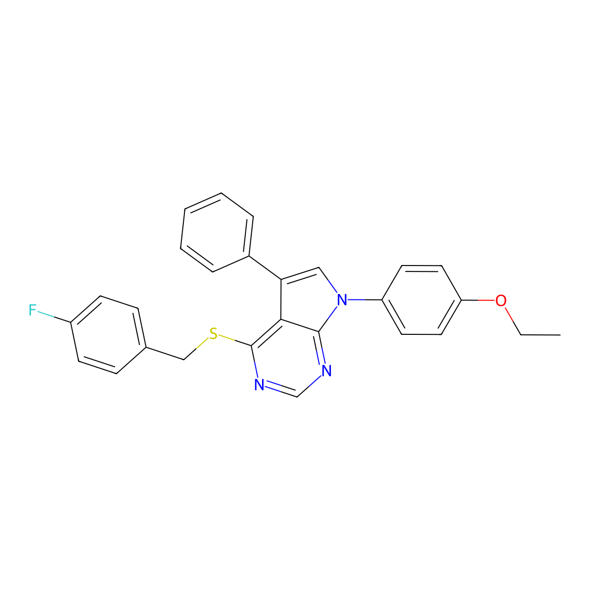 7-(4-ethoxyphenyl)-4-((4-fluorobenzyl)thio)-5-phenyl-7H-pyrrolo[2,3-d]pyrimidine molecular structure, CAS 442879-30-3