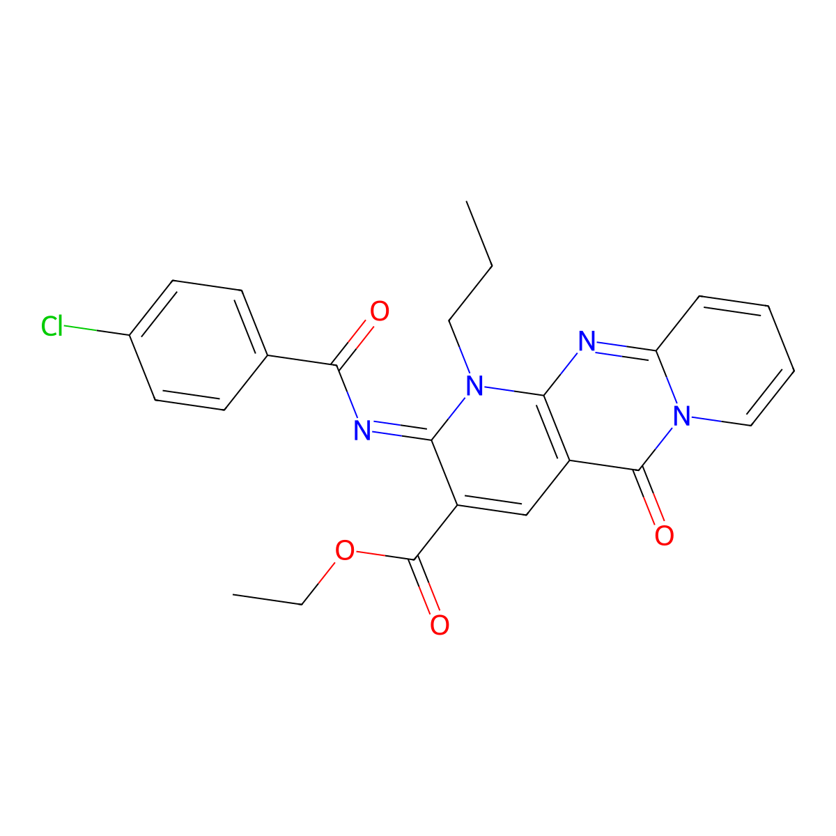 (Z)-ethyl 2-((4-chlorobenzoyl)imino)-5-oxo-1-propyl-2,5-dihydro-1H-dipyrido[1,2-a:2',3'-d]pyrimidine-3-carboxylate molecular structure, CAS 442893-76-7