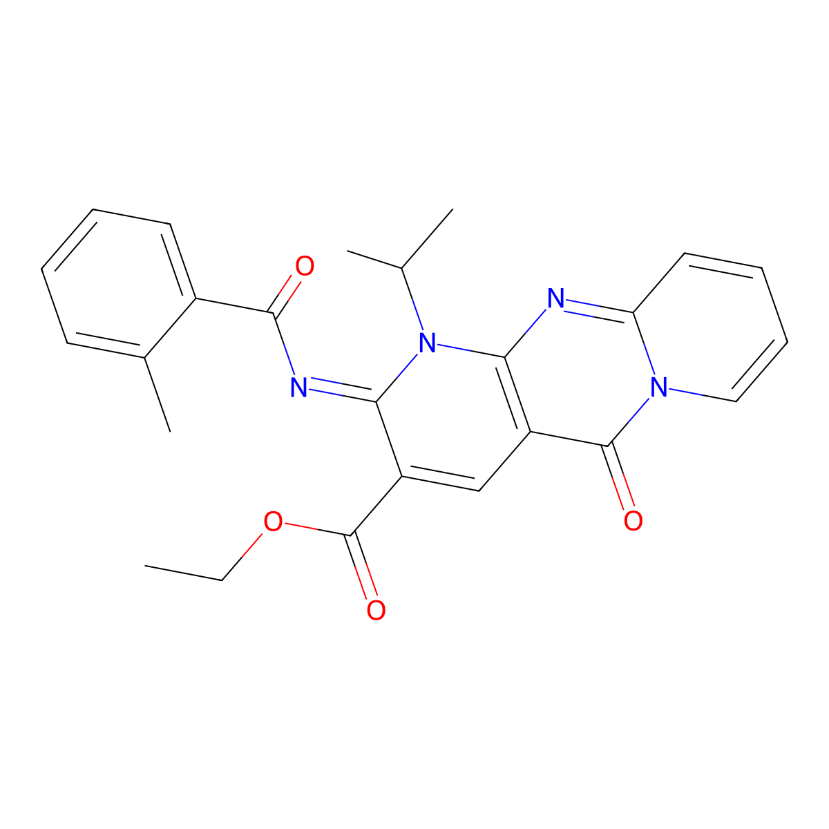(Z)-ethyl 1-isopropyl-2-((2-methylbenzoyl)imino)-5-oxo-2,5-dihydro-1H-dipyrido[1,2-a:2',3'-d]pyrimidine-3-carboxylate molecular structure, CAS 442893-80-3