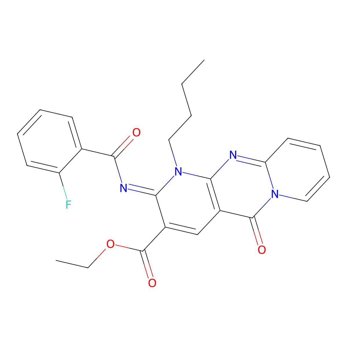 (Z)-ethyl 1-butyl-2-((2-fluorobenzoyl)imino)-5-oxo-2,5-dihydro-1H-dipyrido[1,2-a:2',3'-d]pyrimidine-3-carboxylate molecular structure, CAS 442893-90-5