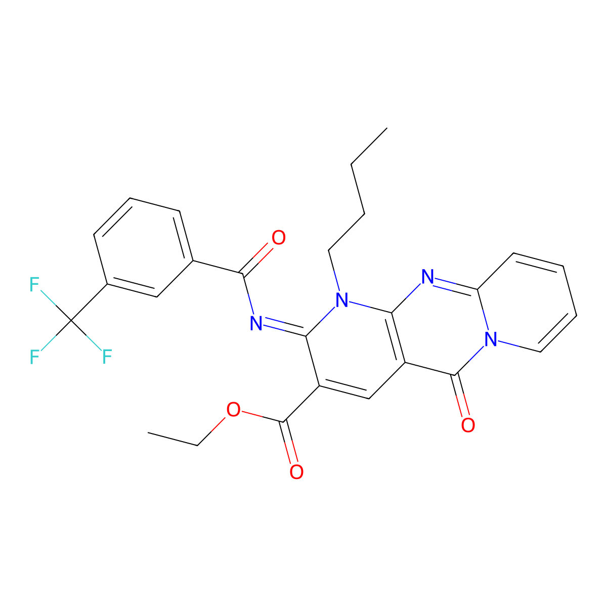 (Z)-ethyl 1-butyl-5-oxo-2-((3-(trifluoromethyl)benzoyl)imino)-2,5-dihydro-1H-dipyrido[1,2-a:2',3'-d]pyrimidine-3-carboxylate molecular structure, CAS 442893-92-7