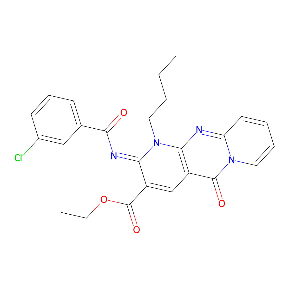 (Z)-ethyl 1-butyl-2-((3-chlorobenzoyl)imino)-5-oxo-2,5-dihydro-1H-dipyrido[1,2-a:2',3'-d]pyrimidine-3-carboxylate molecular structure, CAS 442893-96-1