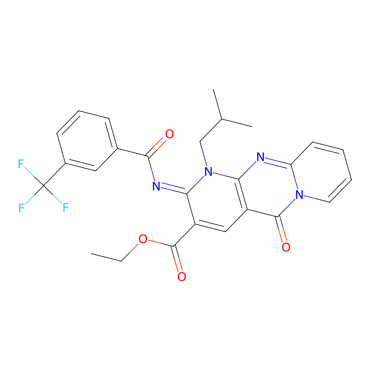 (Z)-ethyl 1-isobutyl-5-oxo-2-((3-(trifluoromethyl)benzoyl)imino)-2,5-dihydro-1H-dipyrido[1,2-a:2',3'-d]pyrimidine-3-carboxylate molecular structure, CAS 442894-03-3