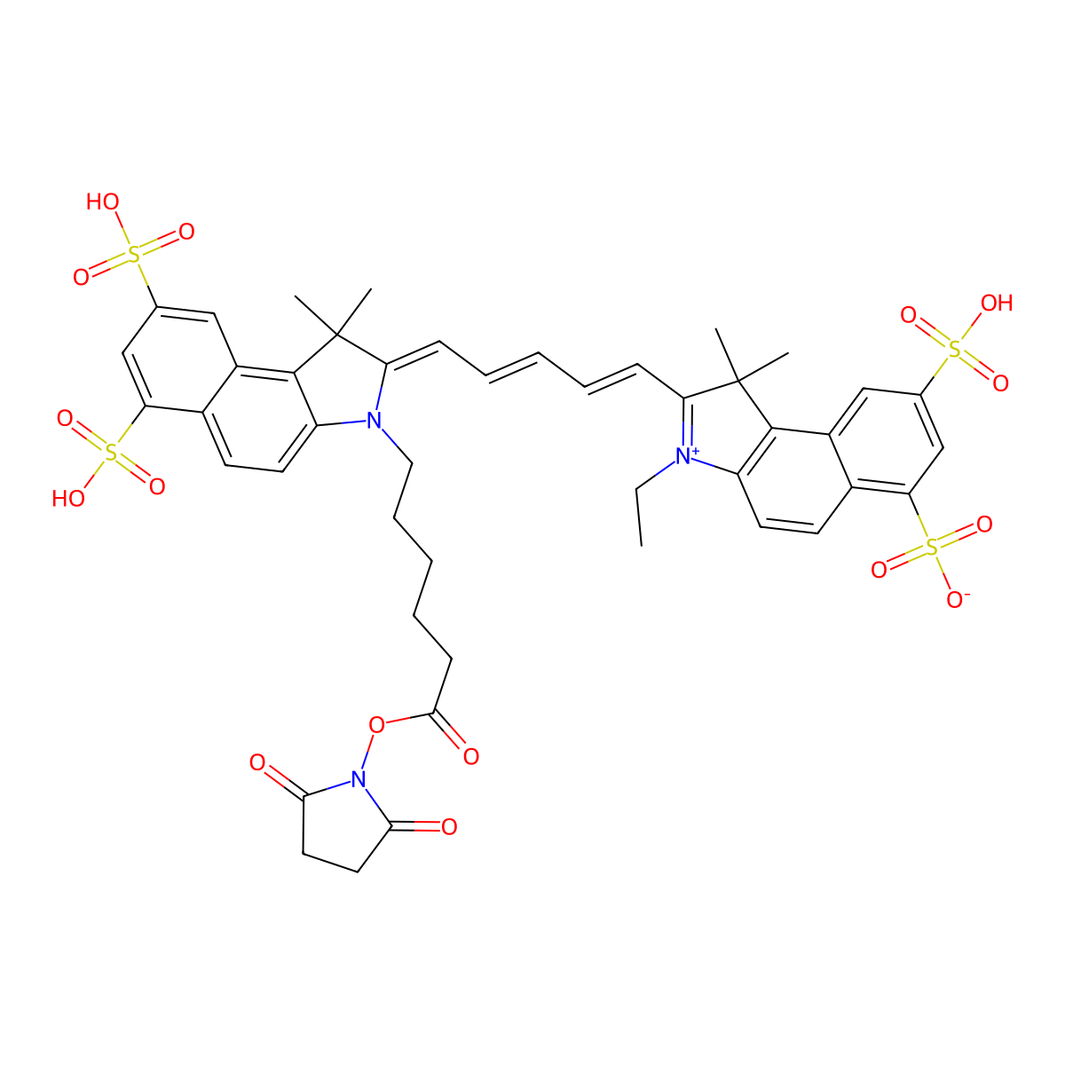 (2Z)-2-[(2E,4E)-5-[3-[6-(2,5-Dioxopyrrolidin-1-yl)oxy-6-oxohexyl]-1,1-dimethyl-6,8-disulfobenzo[e]indol-3-ium-2-yl]penta-2,4-dienylidene]-3-ethyl-1,1-dimethyl-8-sulfobenzo[e]indole-6-sulfonate molecular structure, CAS 442912-55-2