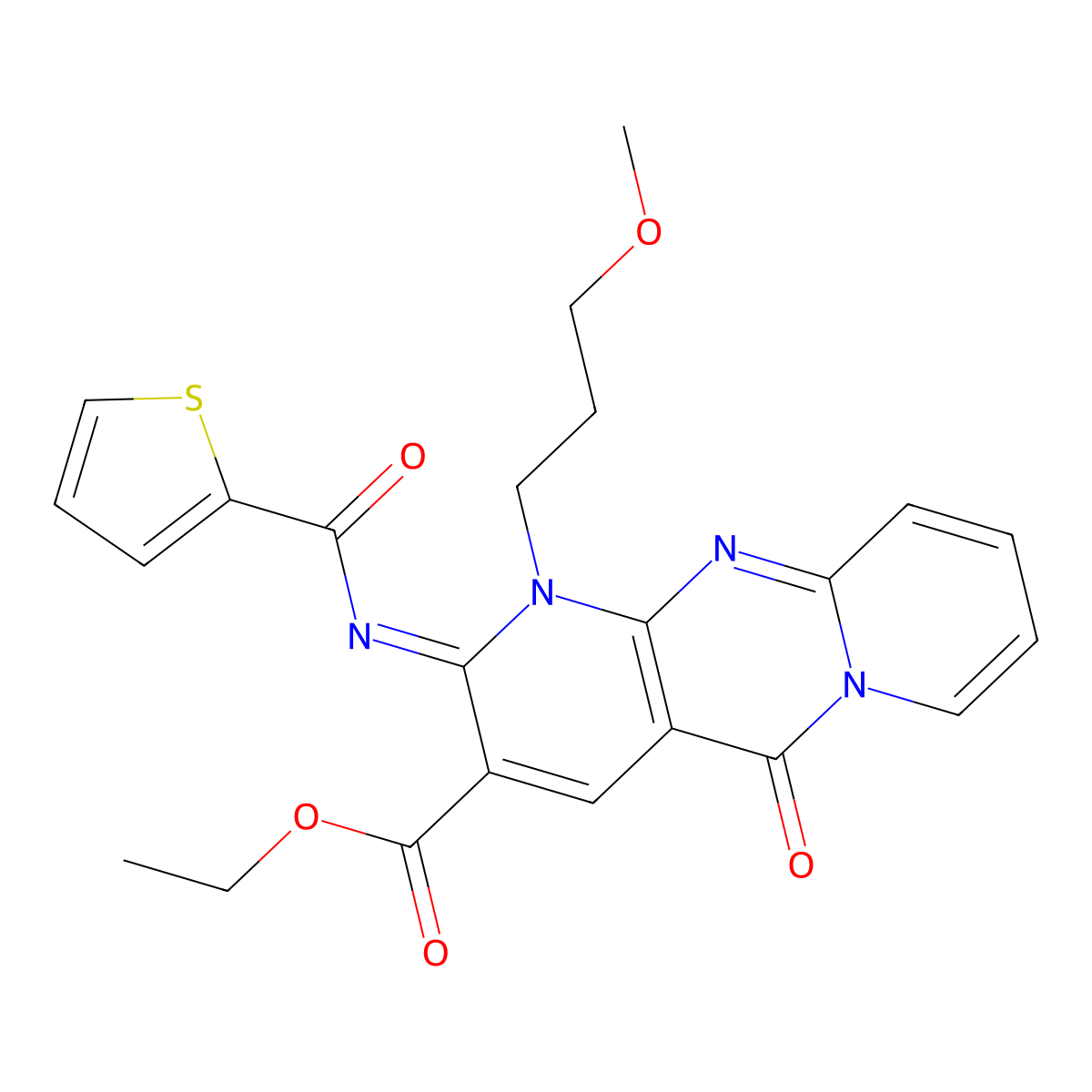 (Z)-ethyl 1-(3-methoxypropyl)-5-oxo-2-((thiophene-2-carbonyl)imino)-2,5-dihydro-1H-dipyrido[1,2-a:2',3'-d]pyrimidine-3-carboxylate molecular structure, CAS 443097-06-1